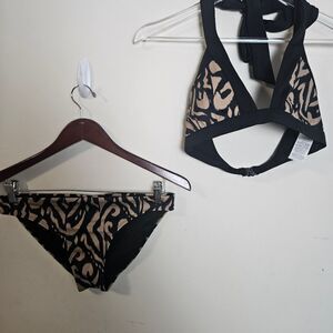 Boden Ithaca Halter Top & Classic Bikini Bottoms SwimSuit Black Gold Size 6